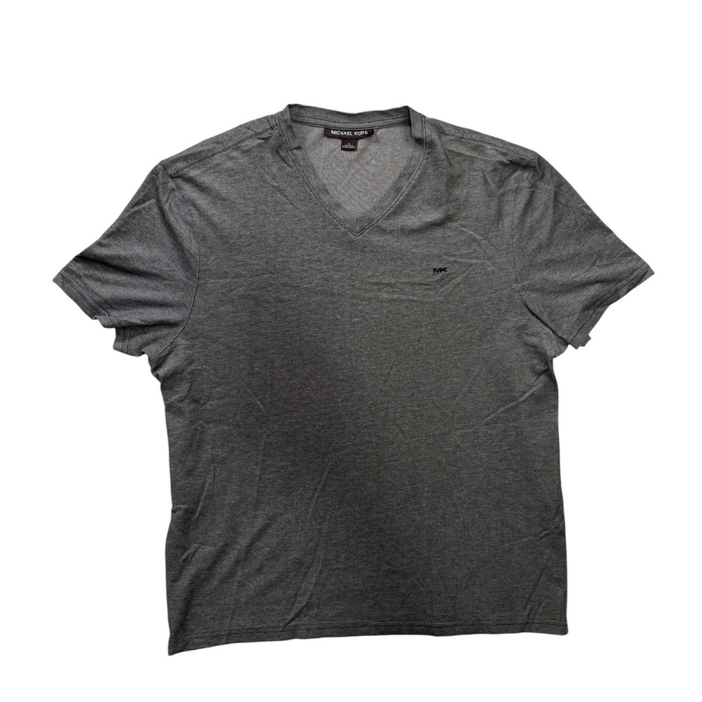 Michael Kors Mens V-Neck T-Shirt Charcoal Grey Heather Short Sleeve Logo Tee L